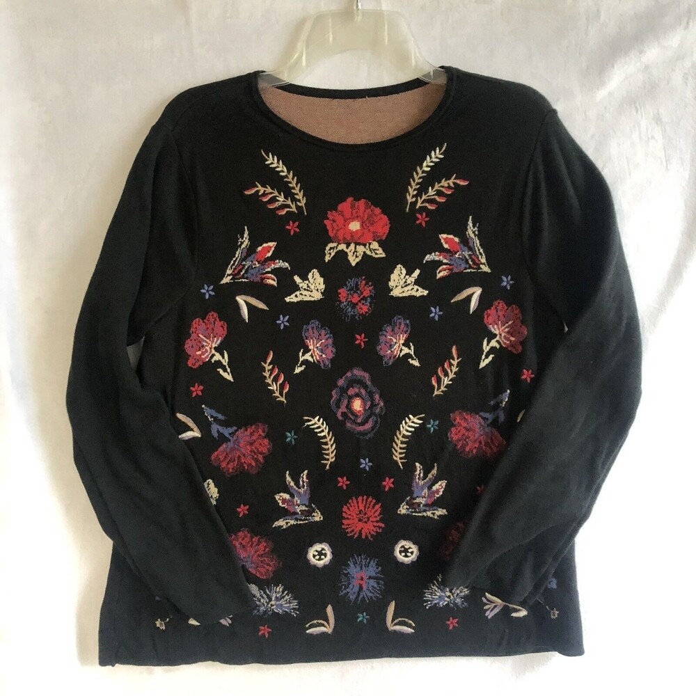 J Jill Black & Red Floral Cotton Sweater w/Wool Embroidery Blouse Top Size Large